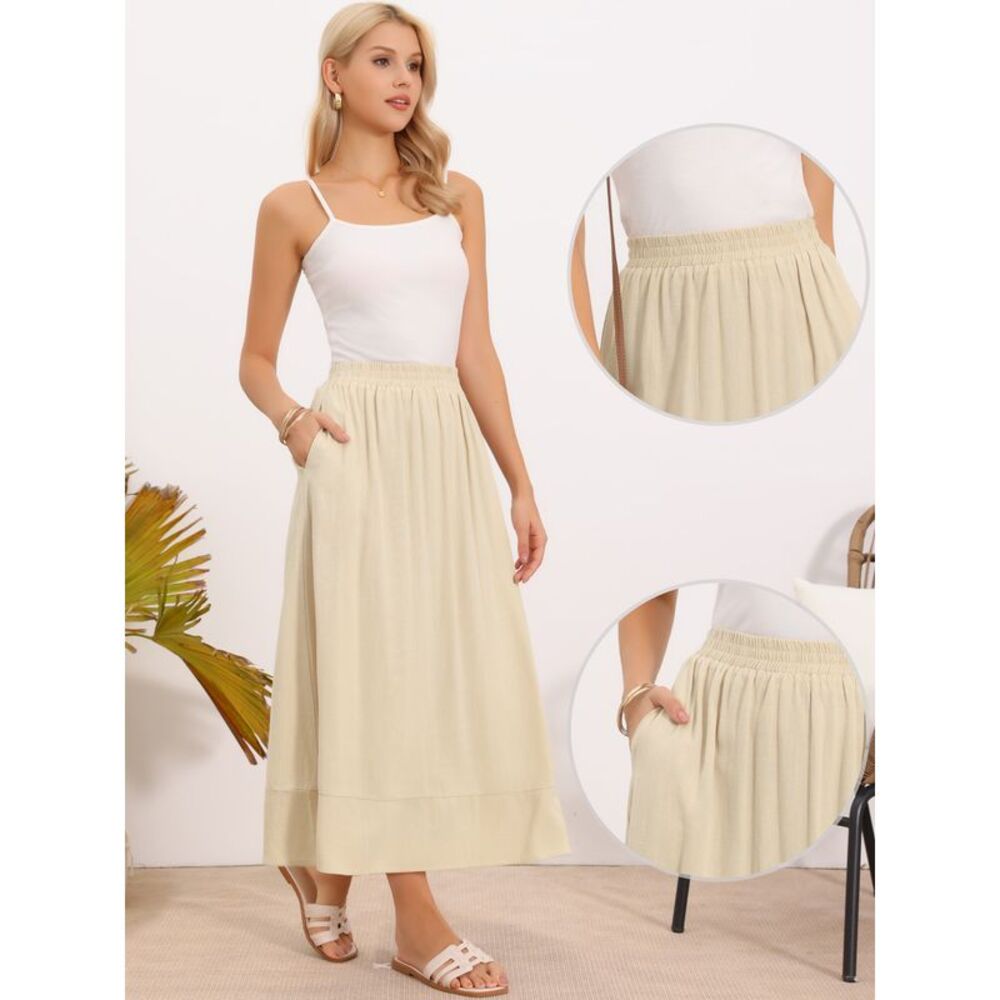 Women's Linen Skirt Summer Casual High Elastic Waist A-Line Midi Skirts Apricot - Picture 2 of 6